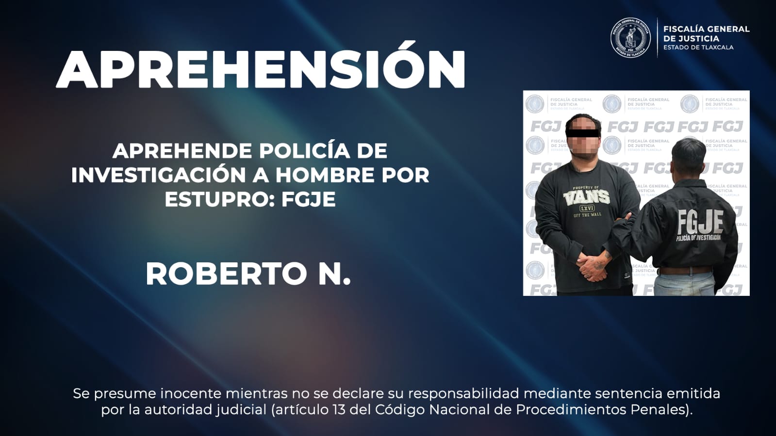 Aprehende Policía de Investigación a hombre por estupro: FGJE